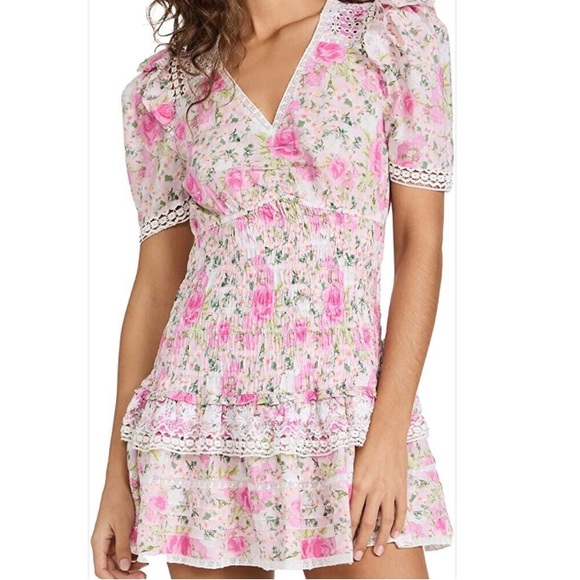LoveShackFancy Rena pink floral dress ruched and v neck...